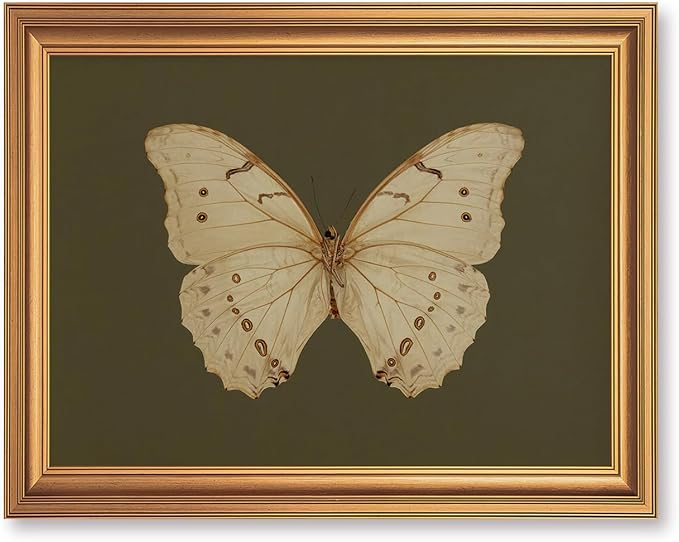 JLTULT Gold Framed Butterfly Wall Art, Dark Green Canvas, 8 x 10 Inches | Ivory butterfly art on fade-resistant dark green canvas with a ready-to-hang gold-tone PS frame for bedrooms and offices