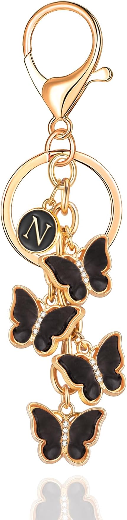 XGALBLA White Pink Black Cute Butterfly Initial Letter Keychain for Women, Butterfly Bag Charms Keyring for Handbags Backpack