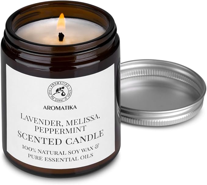 Scented Candle with Essential Oils - Lavender/Lemon Balm/Peppermint - Soy Wax Candles - Aromatherapy Candle - Soywax 150g - Up to 45 Hours Burn Time - Home Scented Candles - Glass Candle Gift
