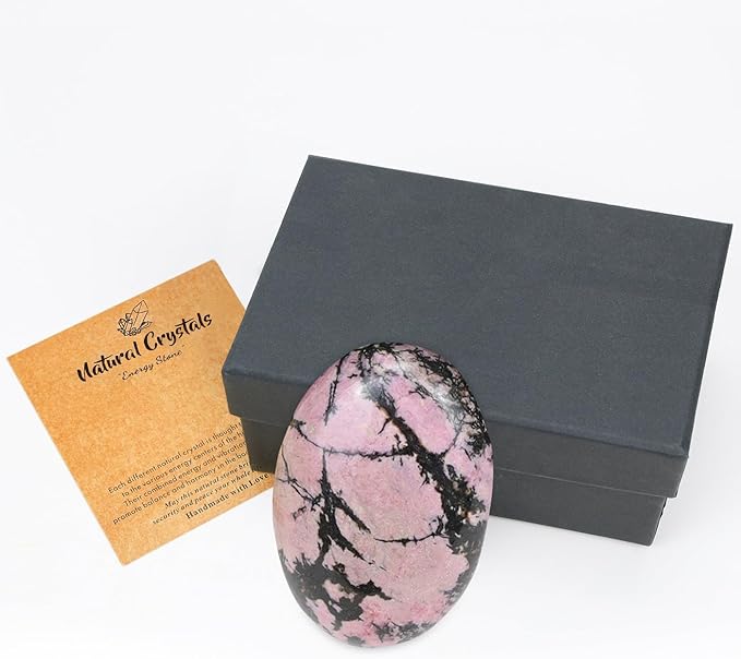 MAIBAOTA 2.4" Large Rhodonite Crystal Stone Polished Palm Stone Healing Crystals 0.7" Thick Natural Reiki Gemstone Worry Stone Energy Balancing Anxiety Stress Relief Meditation 1 Pc