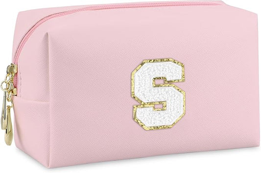 Initial Makeup Bag, Personalized Preppy Letter Monogram Cosmetic Bag | Waterproof PU Material, Compact Size, Large Capacity 7.09 x 2.95 x 3.94 in, Surprise Gift for Daughters and Teens