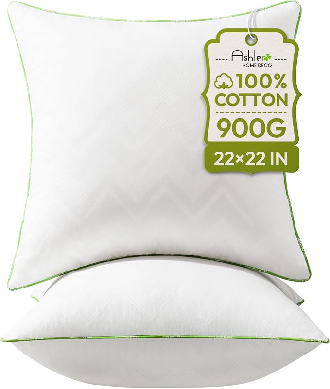 Ashler Throw Pillow Inserts (Pack of 2, White), 22 x 22 Inches Pillow Inserts with 100% Cotton Cover, Indoor Decorative Pillows Inserts for Couch Sofa and Bed