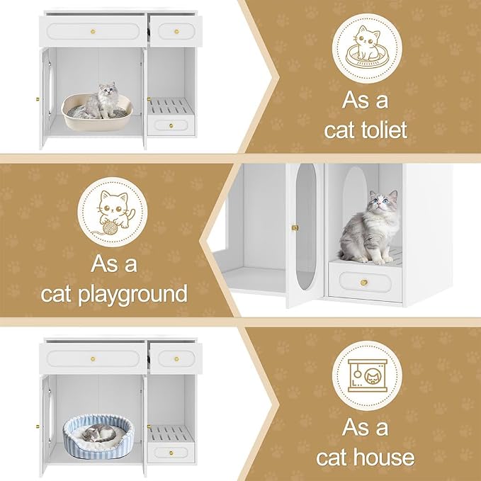Hidden Cat Litter Box Enclosure Furniture with LED Light, Modern Litter Box Cabinet with Drawers & Acrylic Door, Multi-Entry Cat House Sideboard for Living Room, 37.4"W x 15.6"D x 31.5"H,White