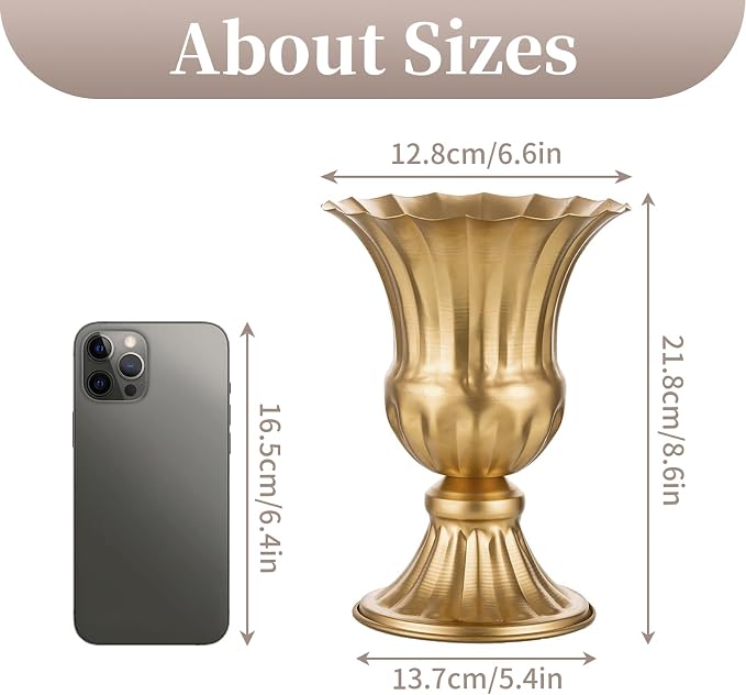 Sziqiqi Gold Metal Vase for Centerpiece, Table Flower Arrangements, 2Pcs | 9in Tall Compote Vase, Trumpet Urn Vase for Decoration, Planter Pot for Artificial Flower, For Reception, Home, Party Decor