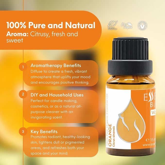 Essences Bulgaria Organic Orange Essential Oil 0.51 Fl Oz 15ml Citrus sinensis - 100% Pure and Natural Undiluted Therapeutic Grade Home Aromatherapy Humidifier Vegan Cosmetic Skincare Candles
