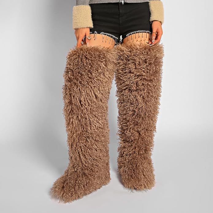SWEETHEART BEAUTY Thigh High Shagy Teddy Fur Boots, 29 Inch Over the Knee Length Fluffy High Boots, Tall Furry Shoes For Women