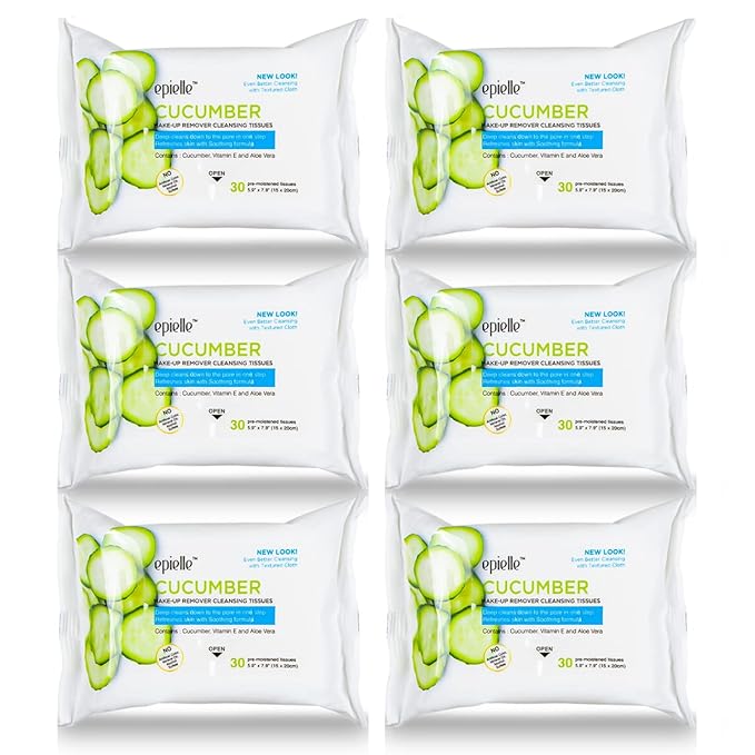Epielle Cucumber Makeup Remover Wipes, Gentle Daily Facial Cleanser Towelettes, Remove Dirt, Oil & Waterproof Mascara, Stocking Stuffers, 30 Count (Pack of 6)