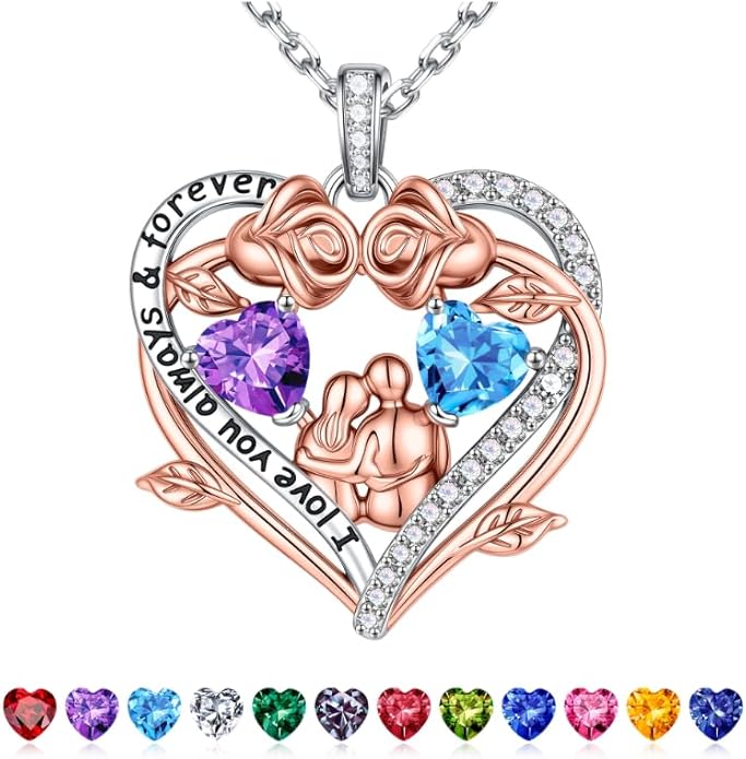 Iefil Valentines Gifts for Her Wife - 925 Sterling Silver Double Heart Birthstone Necklace, Anniversary Birthday Gifts for Women Wife Girlfriend