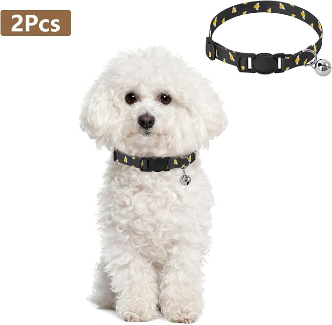 2 Pack Dog Collar Cute Bees Black Puppy Collar with Bell, Adjustable 10.6 to 17.1 Inches
