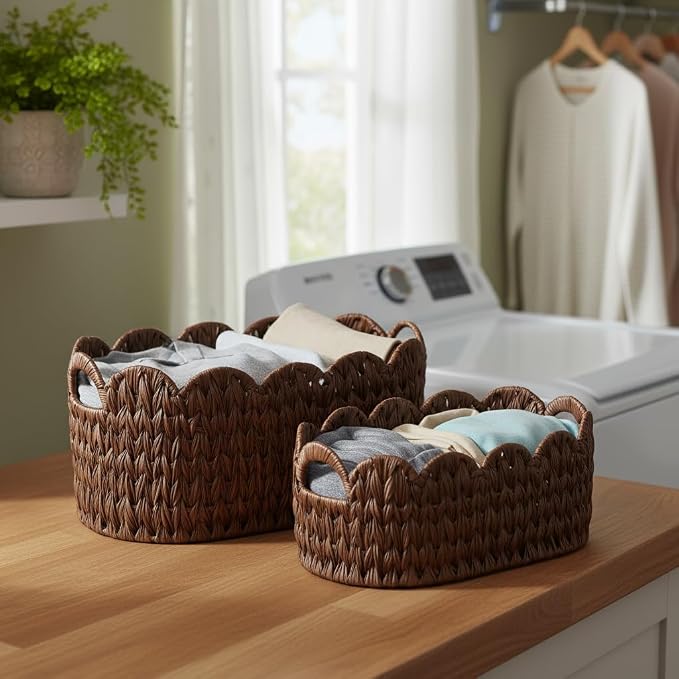 Coeusy Wicker Scalloped Basket Set of 2,Woven Storage Baskets for Shelves,Closet,Laundry,Gift,Towels,Books,Toys,Waterproof Cute Decor Basket for Organizing,Brown