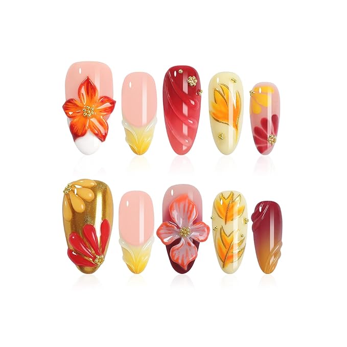 Handmade Press On Nails Almond - 3D Maple Leaf Flowers Design, French Tips Fake Nails Short, Salon-Quality Reusable, Fall/Winter Gift for Women, 10pcs Nails kit