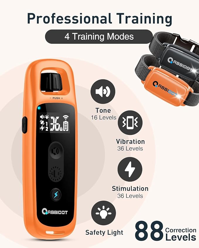 ABBIDOT Shock Collar for 2 Dogs, 3300 FT Dog Training Collar with Remote, IPX7 Waterproof with 4 Training Modes, Rechargeable E-Collar for All Breeds (15-120 lbs),Orange Black