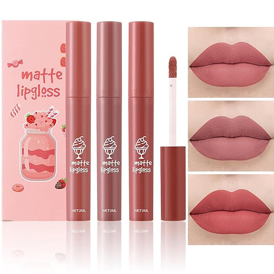 3Pcs Nude Matte Lipstick Set, Ice Cream Velvet Smooth Matte Lip Gloss, 24 Hour Natural Long Lasting & Nourishing Lip Glaze Non-stick Cup for Women Makeup (Set D)