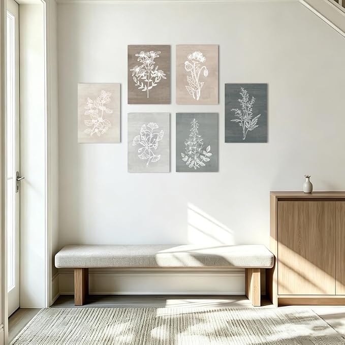 BINCUE Neutral Botanical Plant Canvas 6 Pieces Rustic Farmhouse Wall Art for Living Room Bedroom and Bathroom,Canvas Paintings Print Set Decor 12"x 16"