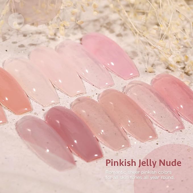 GAOY Gel Nail Polish Kit with UV Light for Beginners, 6 Colors Sheer Jelly Nude Pink, Gel Polish Kit with Top and Base Coat for Salon and Nail Art DIY at Home, Pinkish