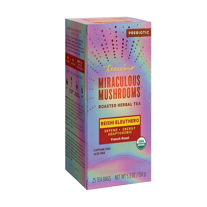 Teeccino Mushroom Herbal Tea - Turkey Tail Astragalus Toasted Maple - Caffeine Free, Prebiotic, 3x More Herbs - 25 Tea Bags