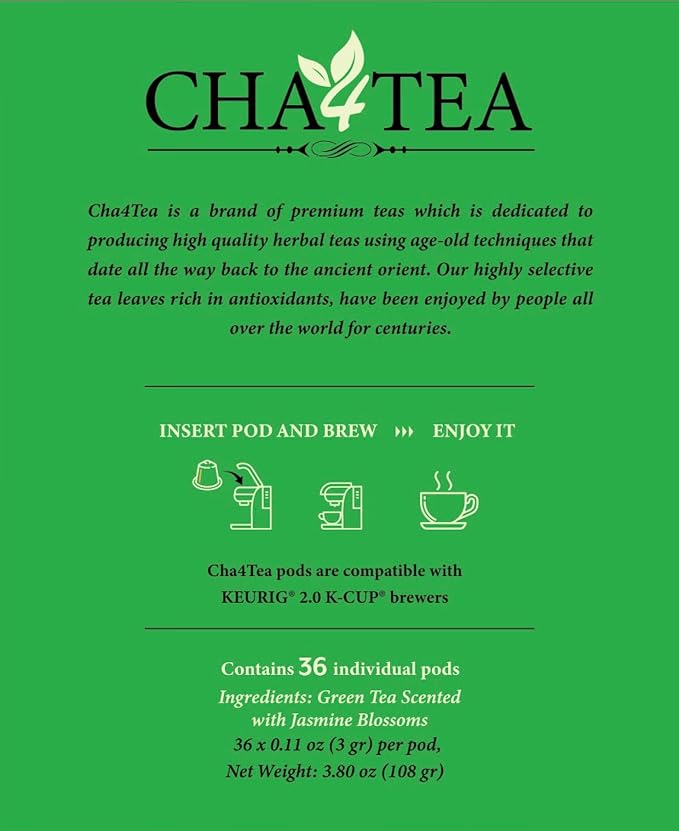 Cha4TEA 36-Count Jasmine Green Tea Pods Compatible with Keurig K-Cups Brewers