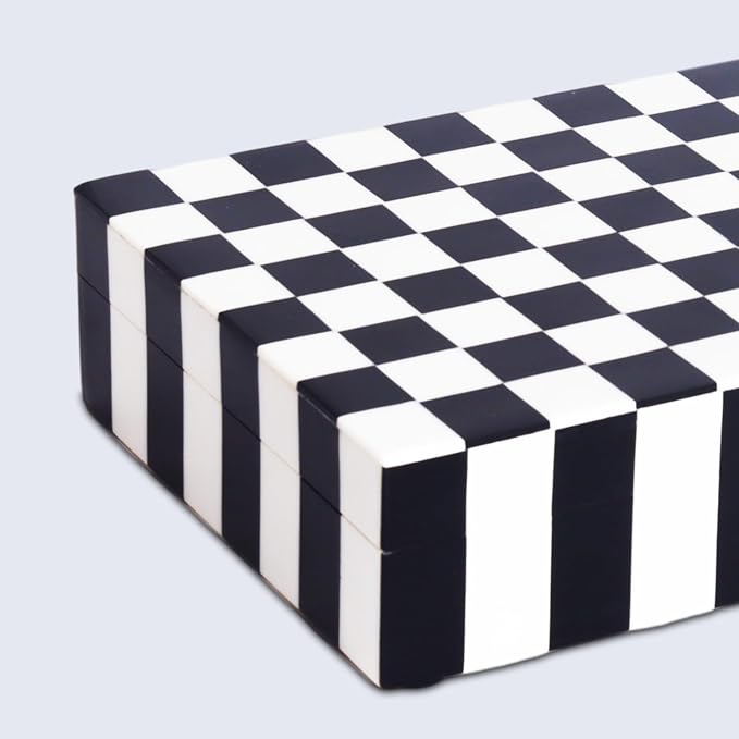 Handicrafts Home Large Decorative Storage Box with Lid, Black and White Coffee Table Storage Box, Remote Control Holder, Keepsake Storage Box for Living Room & Shelf Decor, Puzzle Check 12x6x2
