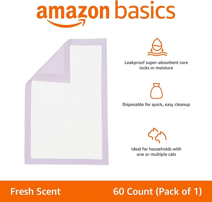 Amazon Basics Cat Pad Refills for Litter Box, Fresh Scent, White/Purple, Pack of 60