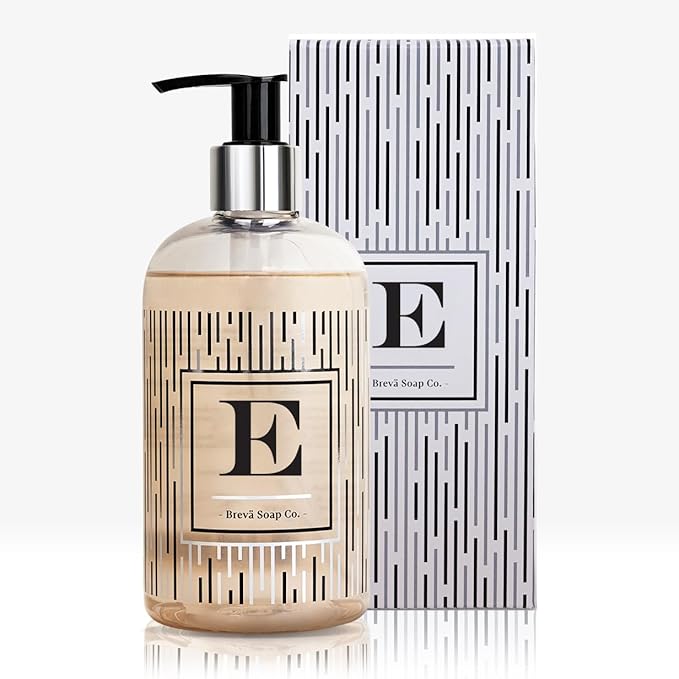 Brevä Soap Co. Monogrammed Luxury Liquid Hand Soap | Choose from Letters A to Z | Citrus Bloom Scent | Personalized Liquid Hand Wash for Bathroom & Kitchen |12 oz - Letter E
