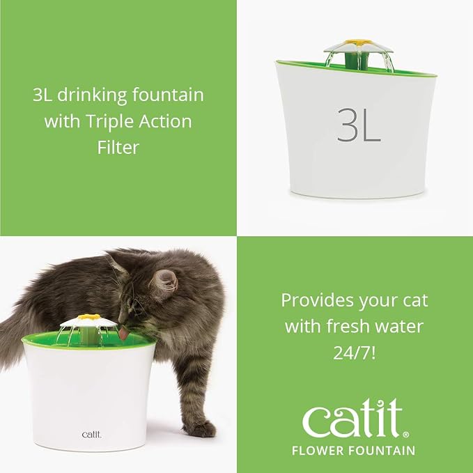Catit Flower Fountain with Triple Action Filter,Cat Drinking Water Fountain,3 L,Green,(Pack of 6)