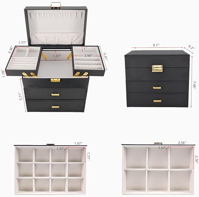 Jewelry Organizer Box, Large Jewelry Boxes for Women Girls, Space-Saving 4 Layers Jewelry Storage Case with Drawer, Movable Metal Stand, Modern, Gift Idea (Black + Gold)