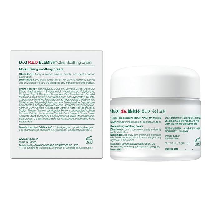 Dr. G R.E.D. Blemish Clear Soothing Cream - Calming Korean Moisturizer for Redness - Soothes Acne & Irritation - With Centella Asiatica - Long-Lasting Hydration - 2.36 fl oz