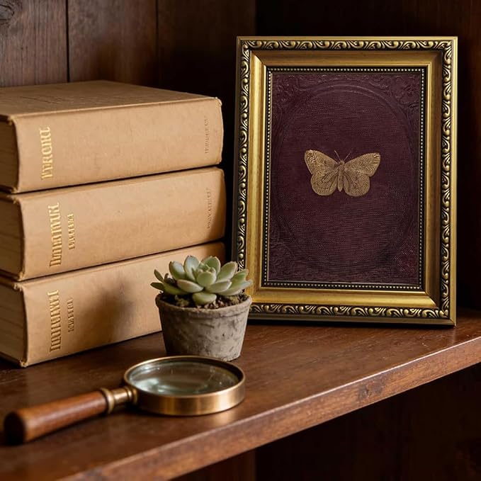 ZLPLLHA Vintage Gold Framed Wall Art Butterfly Wall Decor Moody Canvas Art Insect Pictures Victorian Paintings Burgundy Artwork for Bedroom Living Room