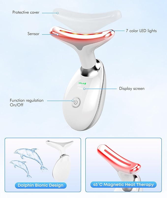 SDKWDH Red-Light-Therapy-for-Face-and-Neck, 7 Color Face Massager Tool for Wrinkles, Double Chin, Vibrating Facial Massager with Thermals for Skin Care, Glossy White