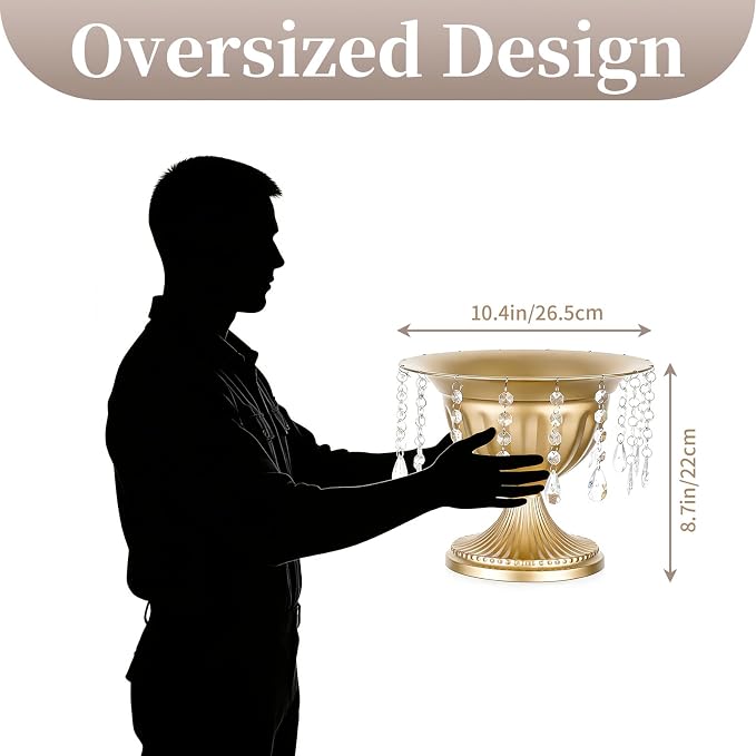 Sziqiqi Gold Urn Vase for Wedding with Crystal Beads, Compote Vase, 2Pcs | 8.6in Tall Metal Large Flower Arrangements, Pedestal Footed Bowl Planter, For Wedding, Party, Event, Birthday, Home Decor