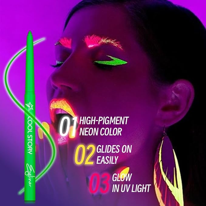 COOL STORY Neon Eyeliner Pencils Set Waterproof Smudge-proof 12 Color Women Makeup Gel Delineador UV Rave Face Body Painting Rainbow Pen Glow in the Dark