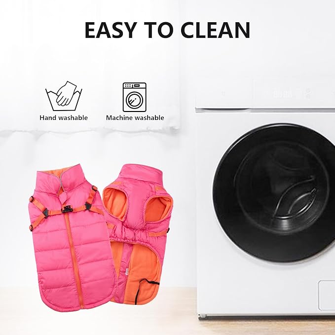 Geyecete Winter Warm Coat Waterproof Dog Winter Jacket with Harness Traction Belt,Windproof Pet Outdoor Jacket Dog Autumn-Pink-XXL