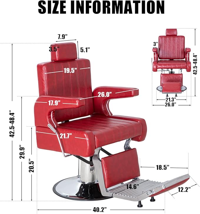 Salon Barber Chair for Hair Stylist, Reclining Beauty Chair with Heavy Duty Hydraulic Pump, 360° Swivel Hair Styling Chair for Barbershop Beauty Spa Salon Home (Red)
