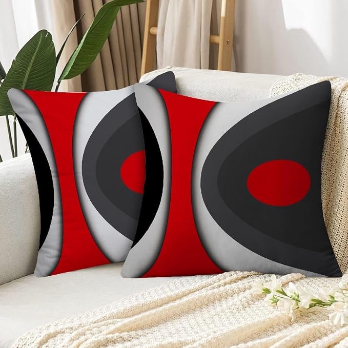 Modern Art Geometric Pillow Cover, Decorative Throw Pillow Covers Black Red Abstract Artwork Cushion Cover for Bedroom Sofa Living Room 26 x 26 Inch Set of 2