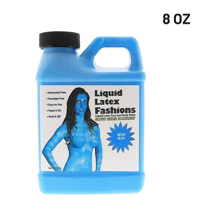 Neon Blue 8 oz - Liquid Latex Face and Body Paint, UV Black light Reactive, Ammonia Free, for Kids and Adults, Ideal for Artwork and Cosplay
