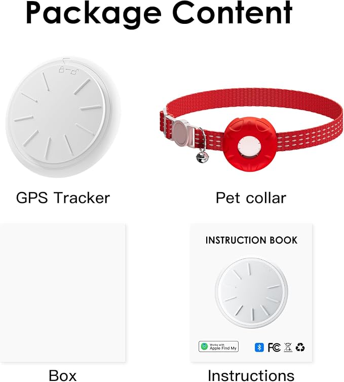 Cat GPS Tracker, Cat Tracker Compatible with Apple Find My App (Only iOS), No Monthly Fee, Waterproof, Breakaway Collar Included, Up to 1 Year Battery, Red