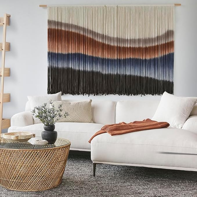 Macrame Wall Hanging Tie-Dye Bule Boho Wall Decor Yarn Fiber Art 57"W*35"L | Large Wall Hanging, Handmade Fiber Art, Dip Dyed Cotton, Boho Wall Decor, for Bedroom Decor Living Room Wall Accent