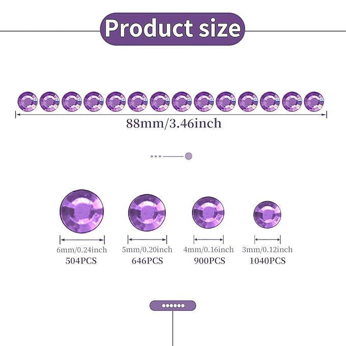 3090PCS Face Gems Eye Jewels Rhinestones Crystals Stickers 3/4/5/6mm with Light Purple Rhinestones Stickers for Body, Stick on Jewels Makeup Glue for Face Eye Hair Nails Make up and Craft Decor