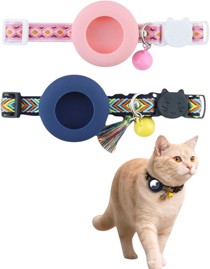 Cat Collar with AirTag Holder – Breakaway Lightweight Woven Cat Collar, Adjustable with Bell for Cats & Kittens (Midnight Rose Set) | Amazegoods