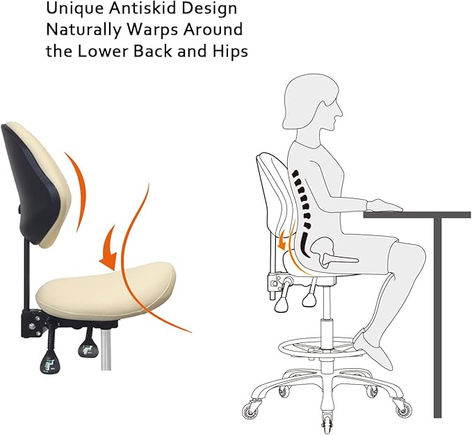 Saddle Stool Chair with Back Support Footrest, Heavy-Duty(350LBS), Hydraulic Rolling Swivel Adjustable Stool Chair for Salon Spa Beauty Massage Dental Clinic Home Office Use(Beige)