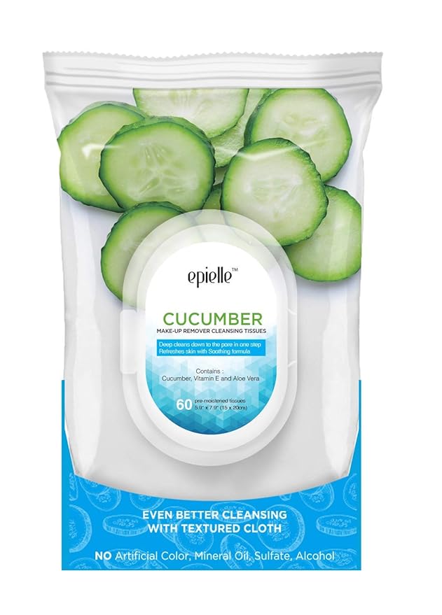 Epielle Cucumber Makeup Remover Wipes, Gentle Daily Facial Cleanser Towelettes, Remove Dirt, Oil & Waterproof Mascara, Stocking Stuffers, 60 Count (Pack of 2)