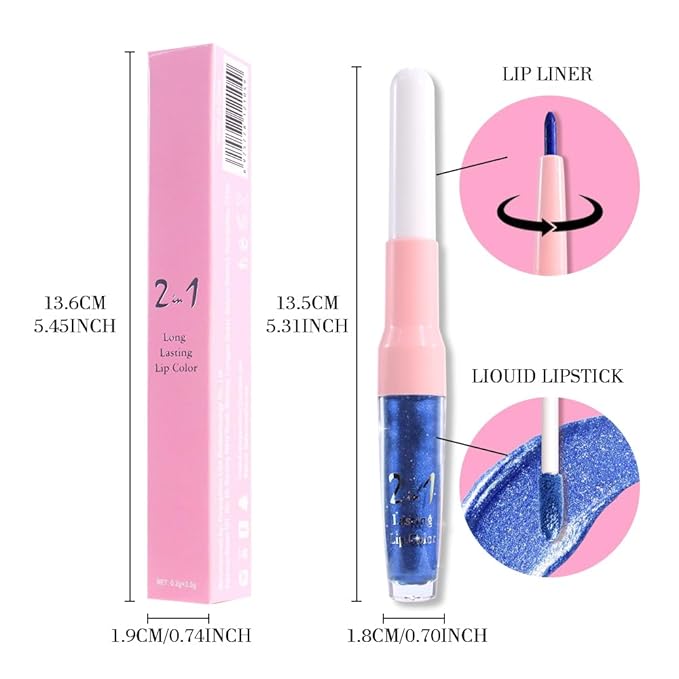 evpct Sky Blue Metallic Glitter Lip Liner and Lipstick Combo Lip Gloss Stain Set Makeup for Women Long Lasting Waterproof 24, Sky Blue Metallic Shimmer Frosted Iridescent Glossy Liquid Lipstick 24
