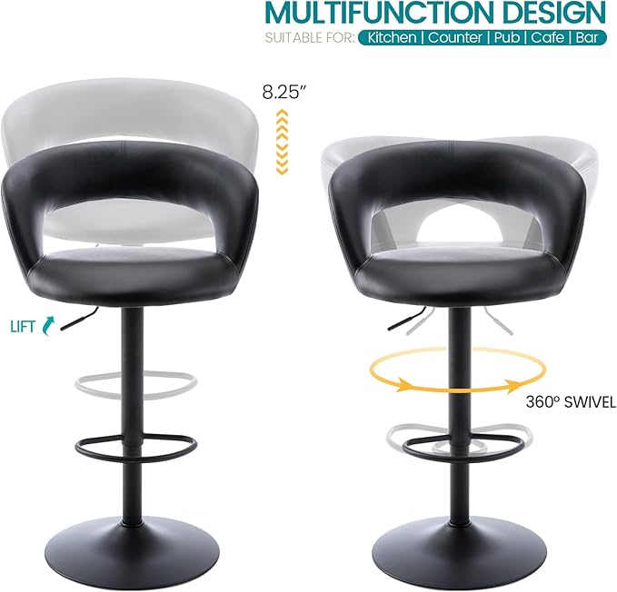 Brage Living Wide Bar Stool, Modern PU Leather Swivel Adjustable Barstool with Hollow Back and Arms, Upholstered Airlift Counter Height Bar Chair for Kitchen Dining (Black, Matte Black Base)