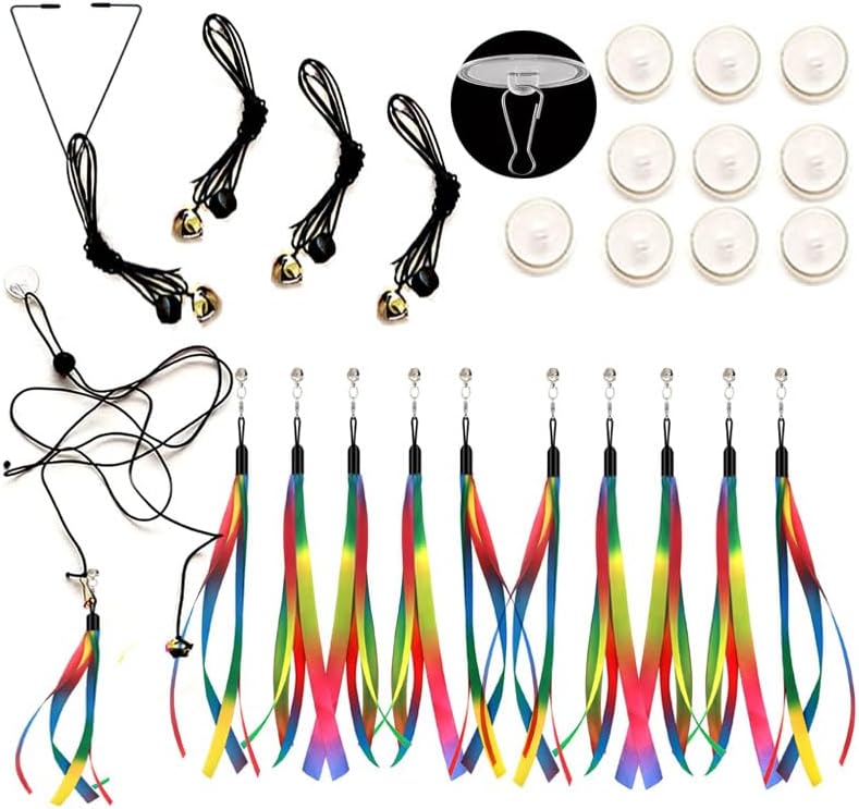 Door Hanging Cat Toys with Suction Cups, Interactive Hanging Feather & Plush Cat Toy with Bell, Assorted Replaceable Refills for Indoor Kitten Hunting Exercise (Ribbon Set (10Pcs))