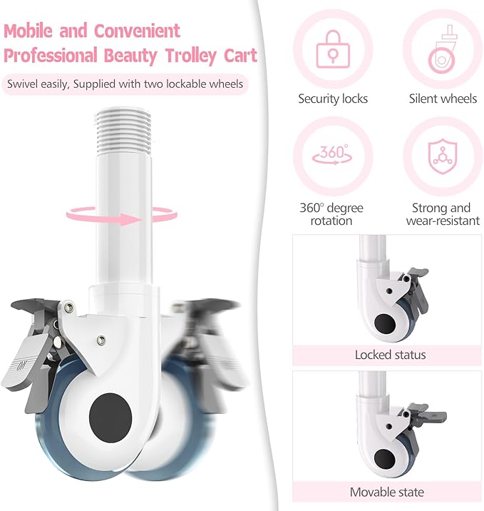 Beauty Trolley Cart with Wheels, Esthetician Cart with Handrail, Bucket and 2 Big Drawer, 2 Tier Heavy Duty Vacuum Therapy Machine Trolley, Load 330lbs, 360° Rotate Silent Wheels