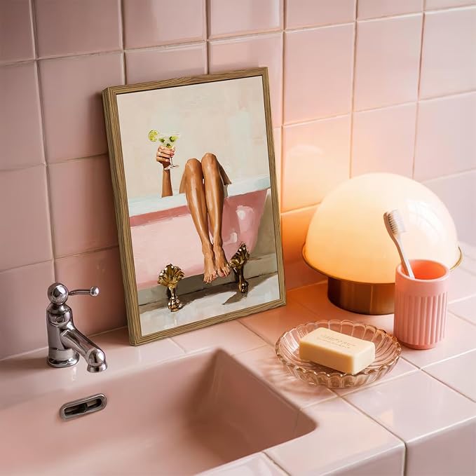 Funny Girl Bathroom Wall Art Pink Cute Girly Bathtub Wall Decor Picture, Trendy Girl Bathroom Martini Cocktail Poster Canvas Print Painting Minimalist Cute Woman Artwork 12x16 inch Wood Framed