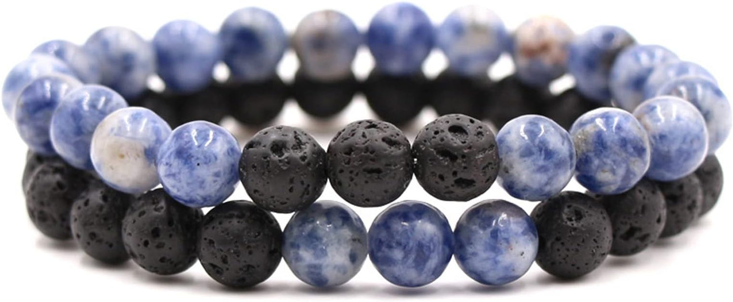Caiyao 2Pcs Matte Lava Rock Volcanic Stone Beads Stretch Bracelet Stacking Essential Oil Diffuser Tiger Eye Seed Energy Yoga Bracelet for Men Women Couple Stress Relief Healing Aromatherapy Jewelry