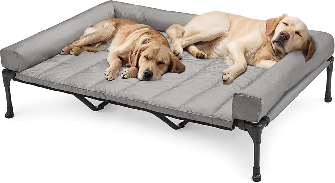 Veehoo Outdoor Elevated Dog Bed with Waterproof Bolster Cushion, Cooling | Raised Dog Bed with Removable & Washable Mat Topper, Breathable Mesh, Dog Couch Cot for Indoor Outdoor, 59", Large, Grey