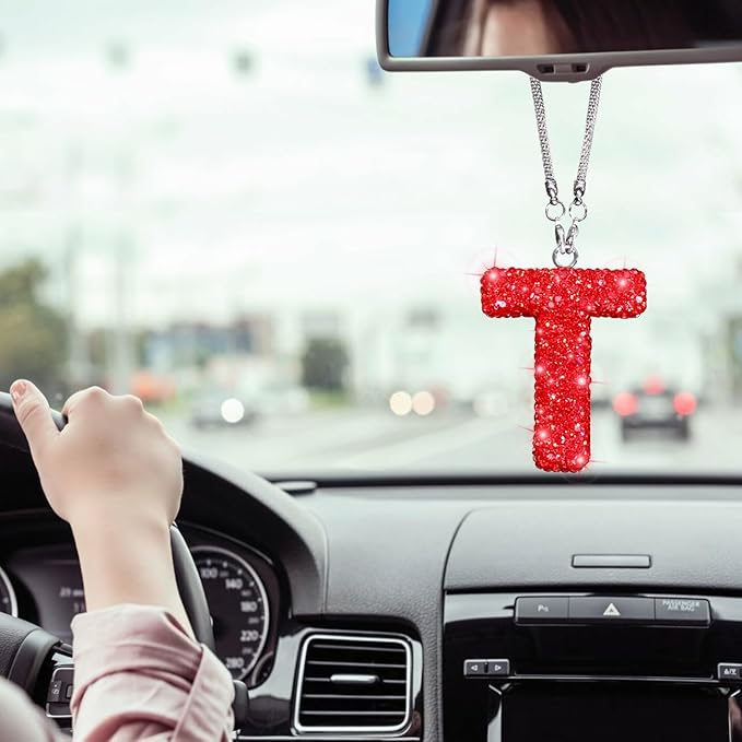 Bling Letter T Car Charm Pendant Letter Hanging Ornament for Rear View Mirror Decoration (Red, T)