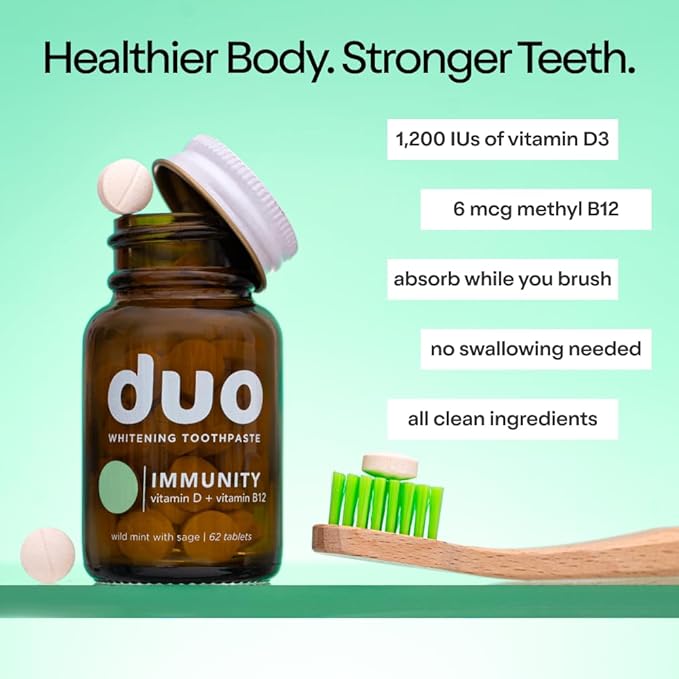 Duo Immunity Toothpaste Tablets – Vitamin D3 + B12 with Nano-Hydroxyapatite | Oral Health Supplement | Wild Mint & Sage Flavor | 186 Tablets, 1 Bottle